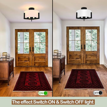 16 inch Semi Flush Mount Ceiling Light: 3-Light Black Modern Light Fixtures Ceiling Mount with Drum Fabric Shade, Close to Ceiling Lamp for Bedroom, Kitchen, Entryway (Bulb Exclude)