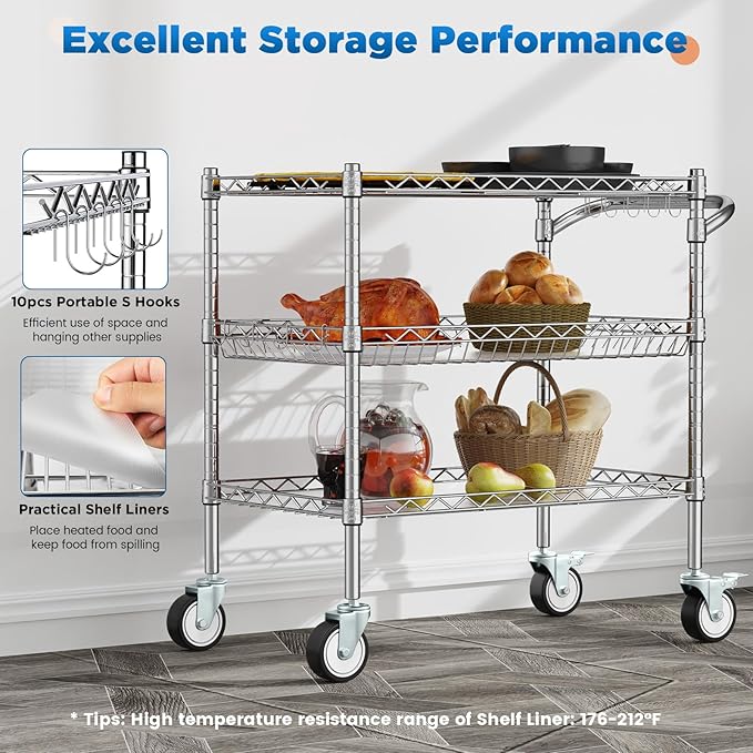 Leteuke 3 Tier Rolling Carts with Wheels, Heavy Duty Rolling Utility Cart,NSF Commercial Grade Metal Cart with Handle&Shelf Liner,Trolley Serving Cart for Kitchen,Restaurant,Plant Display,Chrome