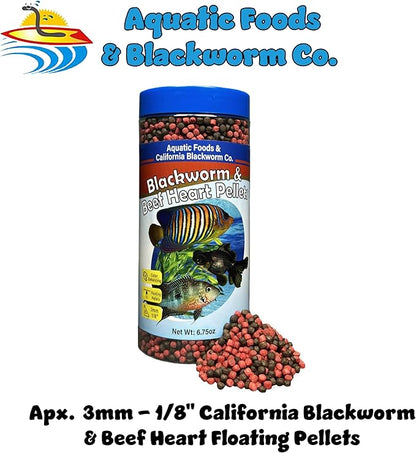 Aquatic Foods Inc. 3mm -1/18" California Blackworm & Beef Heart Floating Pellets for Marines, Cichlids, Tropical Fish, Koi & Pond Fish, 4-Type Wafer & 12-Type Pellet Mix Included 6.75oz Canister