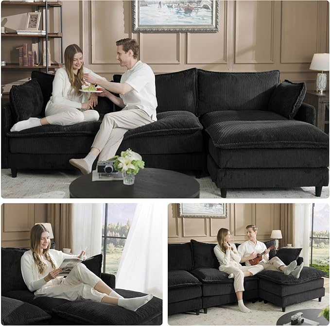 Apicizon 108" Cloud Couch Sectional, L Shaped Cloud Sofa with Side Storage Pocket, Modern Corduroy Sofa Set for Living Room, Office, Black