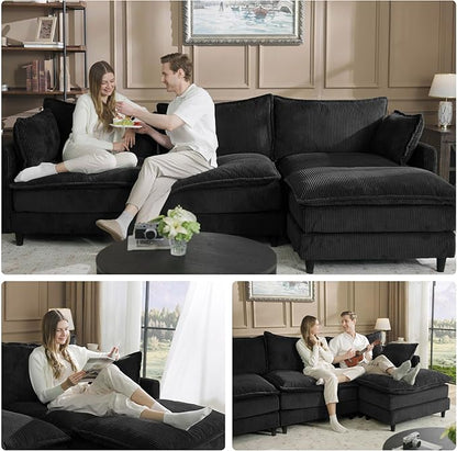 Apicizon 108" Cloud Couch Sectional, L Shaped Cloud Sofa with Side Storage Pocket, Modern Corduroy Sofa Set for Living Room, Office, Black