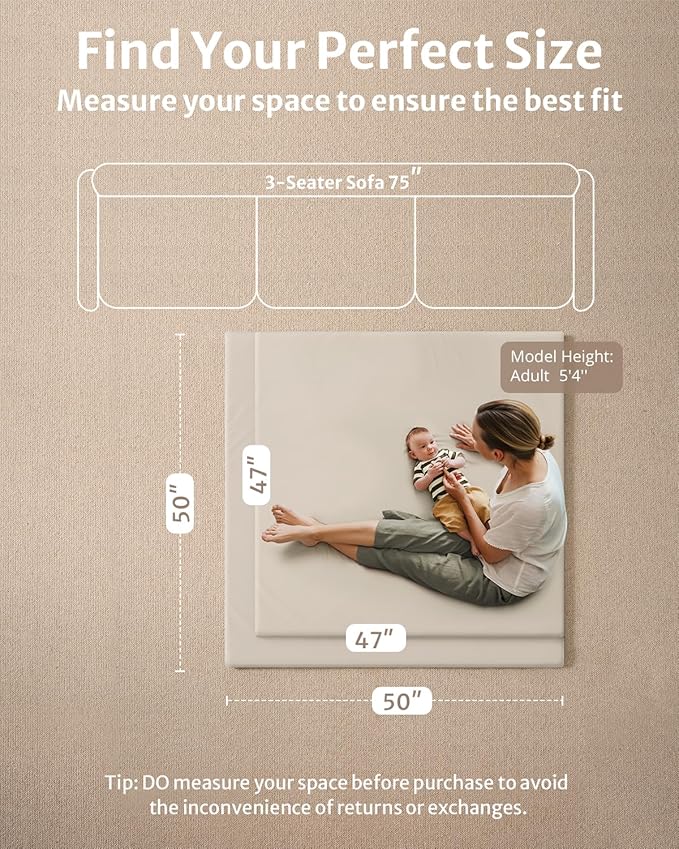 Blissful Diary Vegan Leather Baby Play Mat, 47x47 Thick Foam Cushioned & Waterproof Playpen Mat for Infants and Toddlers, Stylish and Just Wipe-Clean Playmat for Baby Play on Floor, Beige