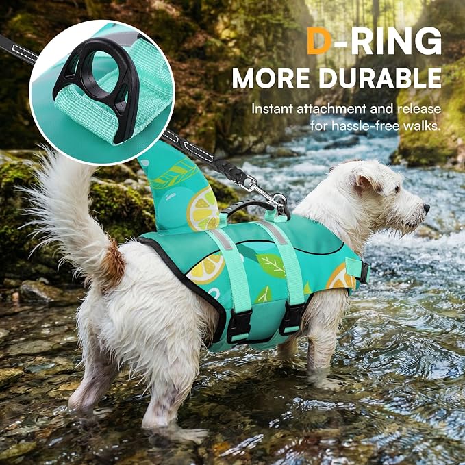 Dog Life Jacket,Dog Life Vest for Swimming,Dog Shark Life Jacket with Rescue Handle,Adjustable Reflective Dog Life Preserver for Large Dog,Green Print L