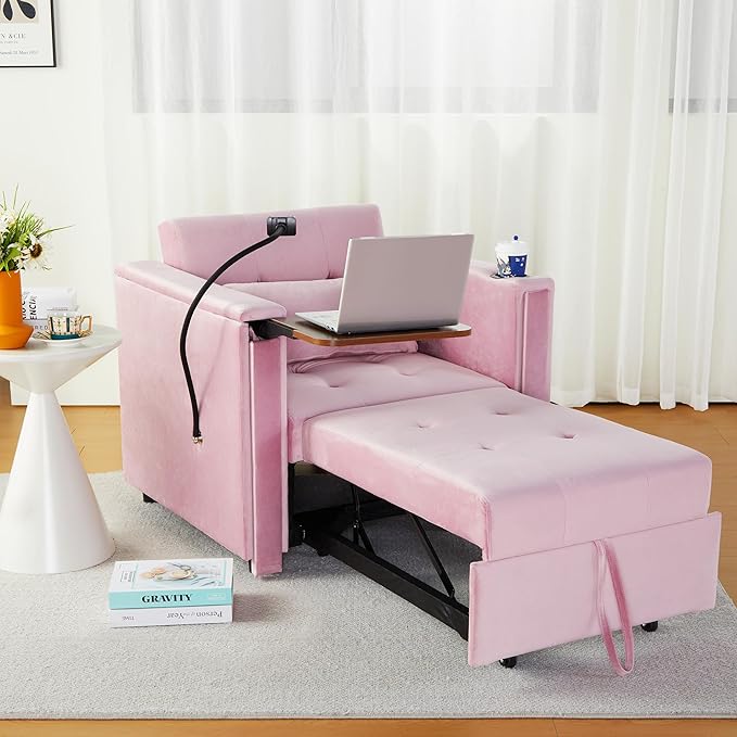 ORRD Convertible Chair Bed, 3-in-1 Multi-Functional Velvet Sleeper Sofa Pull-Out Couch Chair Bed with Adjustable Backrest and Hidden Side Table for Living Room, Small Space, Apartment (Pink)