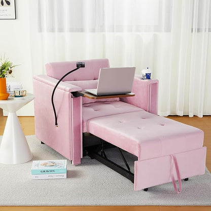 ORRD Convertible Chair Bed, 3-in-1 Multi-Functional Velvet Sleeper Sofa Pull-Out Couch Chair Bed with Adjustable Backrest and Hidden Side Table for Living Room, Small Space, Apartment (Pink)