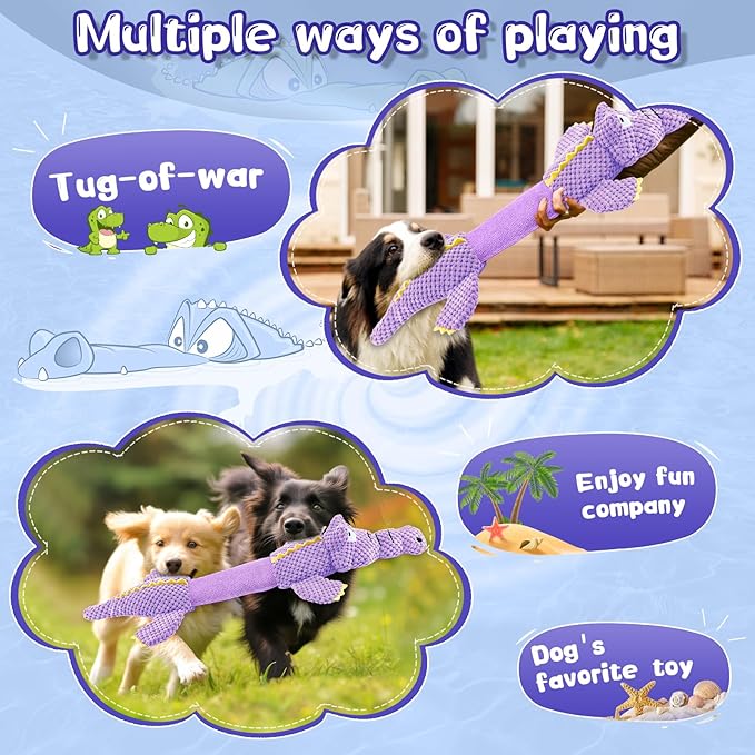 Interactive Tug of War Dog Toys for Small to Large Breeds-Squeaky Plush Puppy Toys with Crinkle Paper, Stuffed Chew Dog Toys to Keep Them Busy, Training Reward Gift (Purple)