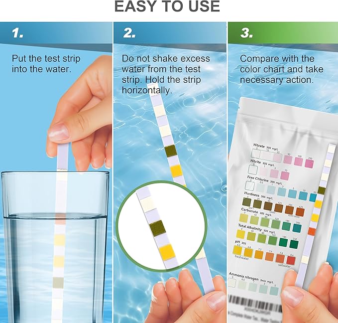 AAwipes Aquarium Ammonia Test Strips 8-in-1 |250 Strips Bag Packs| Quick & Accurate Water Testing Test pH, Carbonate, Alkalinity, Hardness, Chlorine, Nitrite, etc. (K02-250)