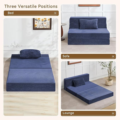Folding Sofa Bed Convertible Floor Couch Foldable Chair Bed with Pillow，Linen Sleeper Chair Futon,Foldable Memory Foam Mattress for Bedroom/Living Room/Dorm/Office (Corduroy Navy, Standard)
