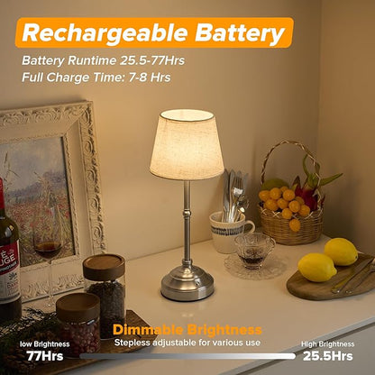 2 Pack Cordless Table Lamp, Rechargeable Desk Lamp with Fabric Shade, Battery Operated Lamp 3 Color Stepless Dimming, Small Touch Bedside Lamp Home Decor for Dining, Counter (Brushed Sliver)