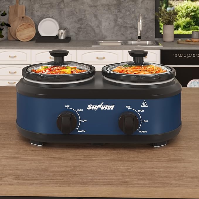 Sunvivi Double Slow Cooker, 2 Removable Pots Small Mini Crock Buffet Server and