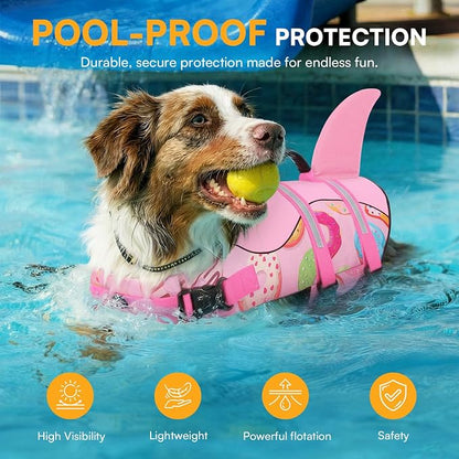 Dog Life Jacket, Dog Life Vest for Swimming, High Flotation Shark Swimming Safety Vest for Large Dods, Adjustable Reflective Pet Lifesaver Preserver, Pink Donut L