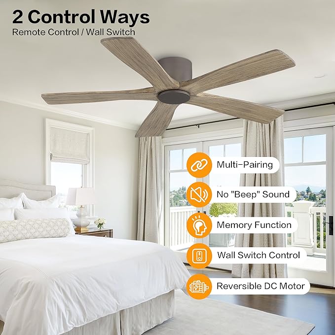 WINGBO 48" Flush Mount DC Ceiling Fans without Lights, 5 Carved Solid Wood