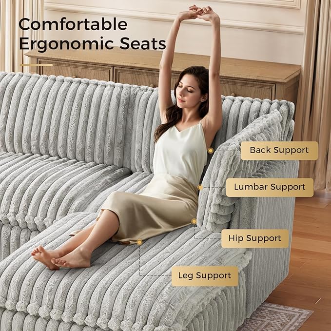 KKL Modular Sectional Couch for Living Room, V Shaped Corduroy Couches with 2 Ottomans, 7 Seater Oversized Sofa, Soft Fabric Modern Sofa, Grey