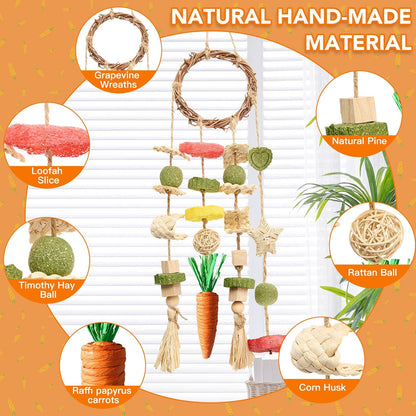 Rabbit Chew Toys Bunny Cage Hanging Toy and Treats Rattan Ring with Snacks for Rodent Pets Teeth Healthy