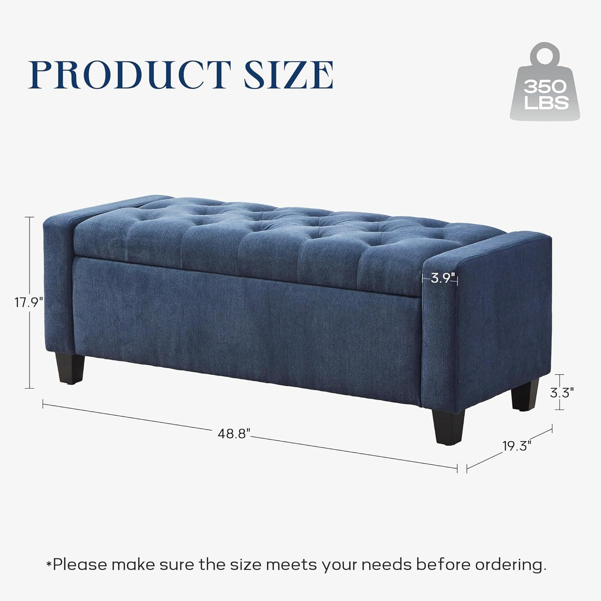 Ottoman with Storage, 48.8" Fabric Storage Ottoman Bench with Hinge, Bedroom Bench, Upholstered Benches with Seating for Living Room, Entryway (Dark Blue)