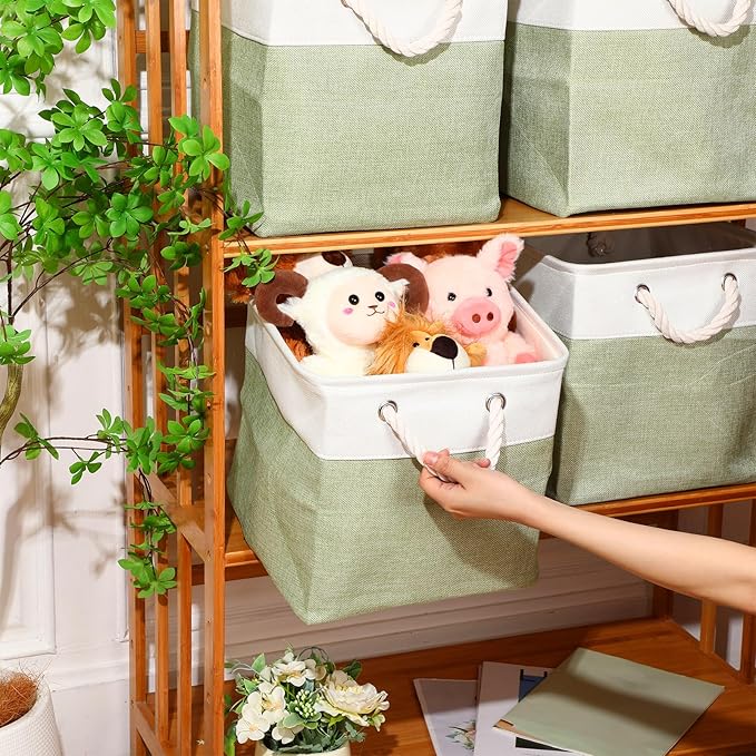 meekoo 8 Pack Collapsible Storage Bins Fabric Storage Bins Polyester Fabric Baskets with Handles Linen Closet Organizer for Shelf Home Closet Towels Toys(12 x 12 x 12 in,Green White)
