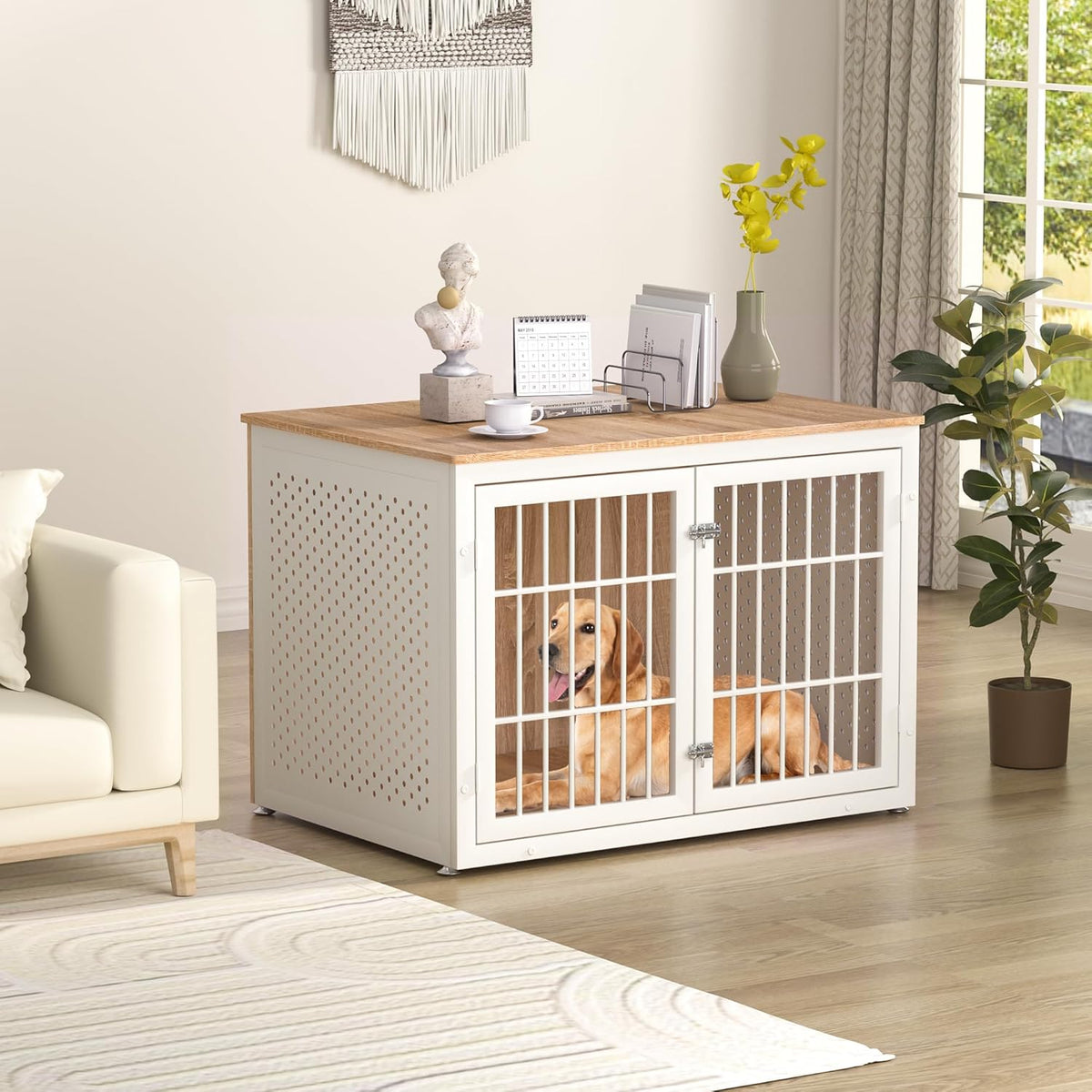 42" Heavy Duty Dog Crate Furniture for Large Dogs, Metal Kennel for High Anxiety Dogs, White Wooden Cage Furniture Indoor, Decorative Dog Kennel End Table, XL