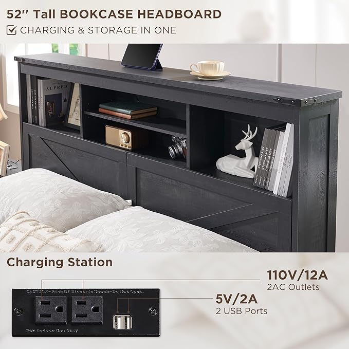ACCOHOHO King Bed Frame Farmhouse with 52" Storage Bookcase Headboard, 4 Drawers Wooden Bed Frame, LED Light, Charging Station - Black