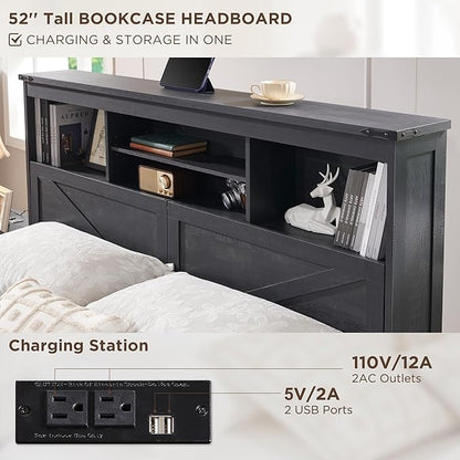 ACCOHOHO King Bed Frame Farmhouse with 52" Storage Bookcase Headboard, 4 Drawers Wooden Bed Frame, LED Light, Charging Station - Black