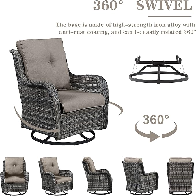 Belord Outdoor Wicker Furniture Patio Set - 7 Piece Backyard Furniture Grey Rattan Conversation Sets with Swivel Rocker Chairs, Rattan Sofa, Club Chairs and Coffee Table, Grey Cushion