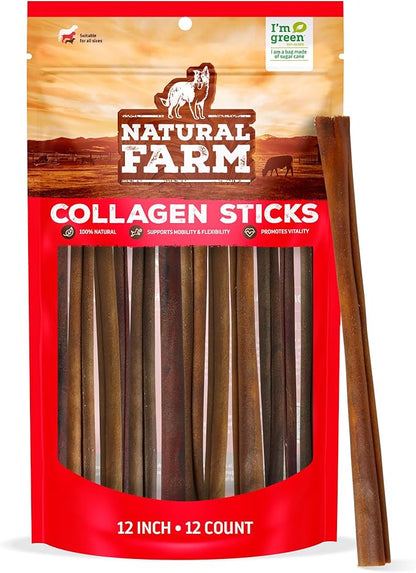 Natural Farm Odor-Free Collagen Chews, (12-Inch, 12-Pack), Long Lasting Bully Sticks & Rawhide Alternative Dog Treats, 95% Collagen, High Protein Best Dental Dog Treats – Medium & Large Dogs