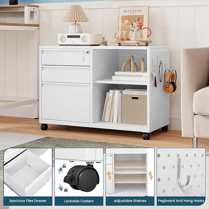 MIIIKO File Cabinet 3 Drawer, Home Office Rolling File Storage Cabinet