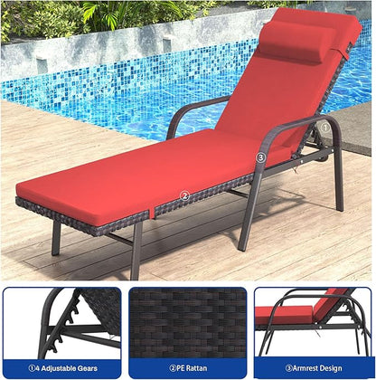 Trumbeak Patio Chaise Lounge Set 3 Pieces Pool Lounge Chairs,Cushioned Outdoor Folding Lounge Chair w/Arm and Rattan Adjustable Backrest for Poolside Porch,Folding Table Included,Red