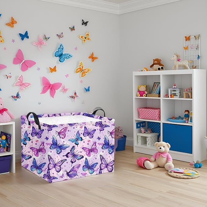 HIYAGON Rectangular Butterfly Basket Baby Storage Basket Storage Bin Organizer Box Room Decor(Purple Butterfly)