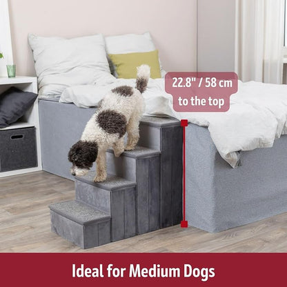 TRIXIE 4-Step Velour Pet Stairs, Gray | Collapsible, Storage Compartments for Pet Toys, Ideal for Dogs and Cats