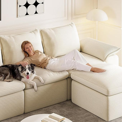 Buytime 104" Comfy Cloud Couch, Convertible Boneless Couches for Living Room, L Shaped Modular Sectional Sofa with Deep Seat, Double-Layer Cloud Cushion and Headrest, Cream Beige