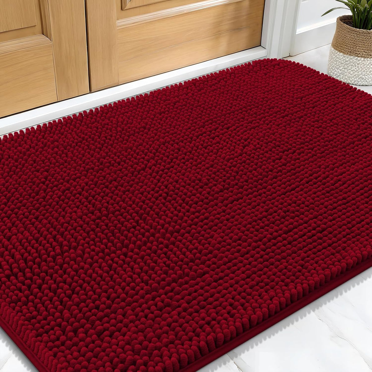OLANLY Dog Door Mat for Muddy Paws 34x21, Absorbs Moisture and Dirt, Absorbent Non-Slip Washable Doormat, Quick Dry Chenille Mud Mat for Dogs, Entry Indoor Entryway Carpet for Inside Floor, Red