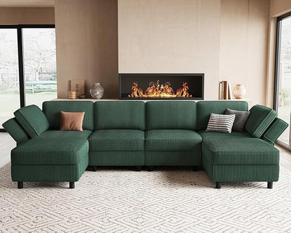 114.2" Modular Sectional Sofa with Deep Storage Seat,U Shaped Sectional Sofa Couch Convertible 6 Seater Corduroy Couch with Movable Ottoman,Upholstered Sectional Couches for Living Room,Green