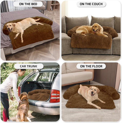 GGIB Calming Dog Bed Fluffy Plush Dog Mat for Furniture Protector with Removable Washable Cover for Large Medium Small Dogs and Cats (Extra Large (53x39.3x6), Brown)