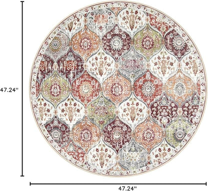 Lahome Moroccan Trellis Washable Round Rugs, Non-Slip Soft Round Rug 4ft Ultra-Thin, Small Vintage Circle Carpet for Entryway Kitchen Bedroom Nursery Bathroom, Orange/Terracotta