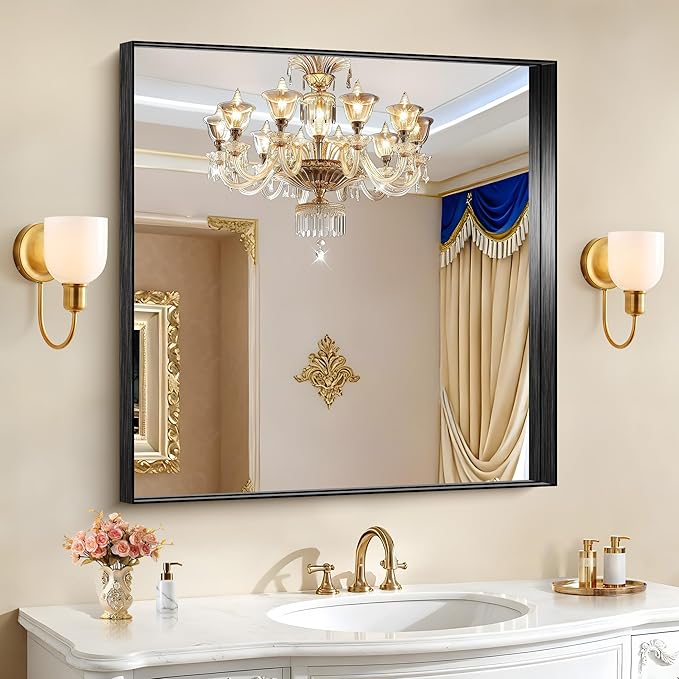 CIRCUMI Black Bathroom Mirror, Brushed Finish, Tempered Glass, Mirror