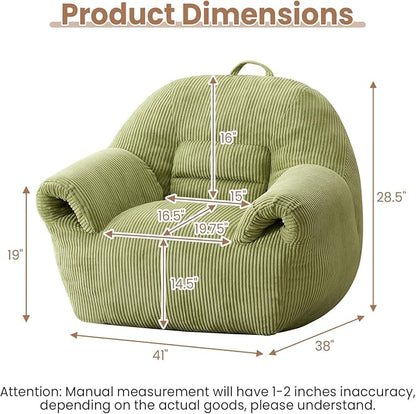 Peace nest Bean Bag Chair with Memory Foam Filled Ultra Soft Corduroy Cover for Adults Comfy Fur Bean Bag Chairs with Armrests for Bedroom Living Room Office Dorm Reading Green
