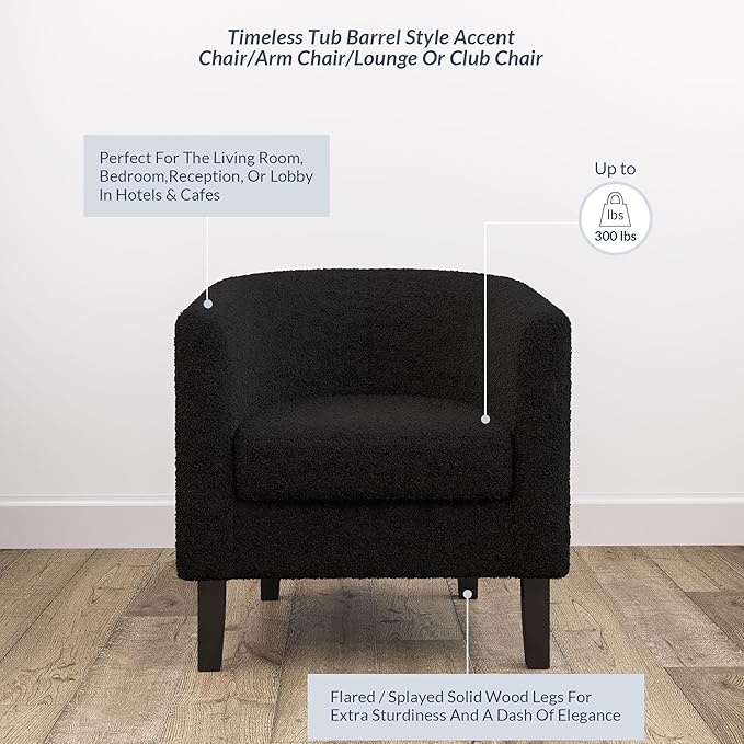 BELLEZE Living Room Chairs Set of 2, Teddy Polyester Accent Barrel Chairs, Club Tub Sofa Chairs for Bedroom, Corner Chairs with Flared Legs and Cozy Soft Padding - Highland (Teddy Black)