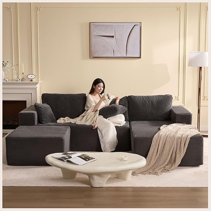 107" Boneless Couch with Deep Seat, Modular Sectional Sofa, Cloud Sectional Couch for Living Room, No Assembly Required, Corduroy, U-Shape 3 Seater Right, Gray