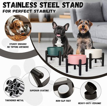 Raised Ceramic Dog Bowl Set with Stand, 2 Cups Elevated Dog Food Stand | 6.1'' Single Dog Food or Water Bowl Set, Non-Slip Dog Feeding Dishes for Small to Medium Breeds, 28.75 OZ, Grey