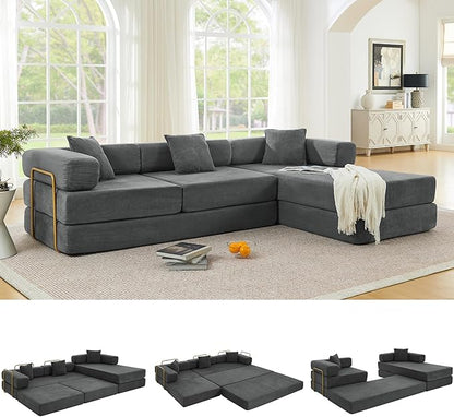 108" Oversized Convertible Sleeper Sofa Bed, Corduroy L Shape Sectional Couch, Folding Sofa Bed with Fixed-Shape Frame, Modern Cloud Floor Mattress Couch, Modular Sofa for Living Room, Grey