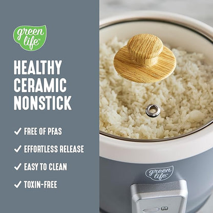 GreenLife Rice Cooker with Removable PFAS-Free Ceramic Nonstick Pot, 3-Cups