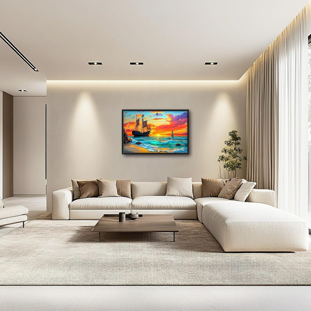 Framed Large Ship Wall Art for Living Room, Oversized Coastal Beach Boat Wall Decor Nautical Seascape Sailboat Canvas Painting Modern Artwork Home Decoration for Living Room Bedroom 36"x24"