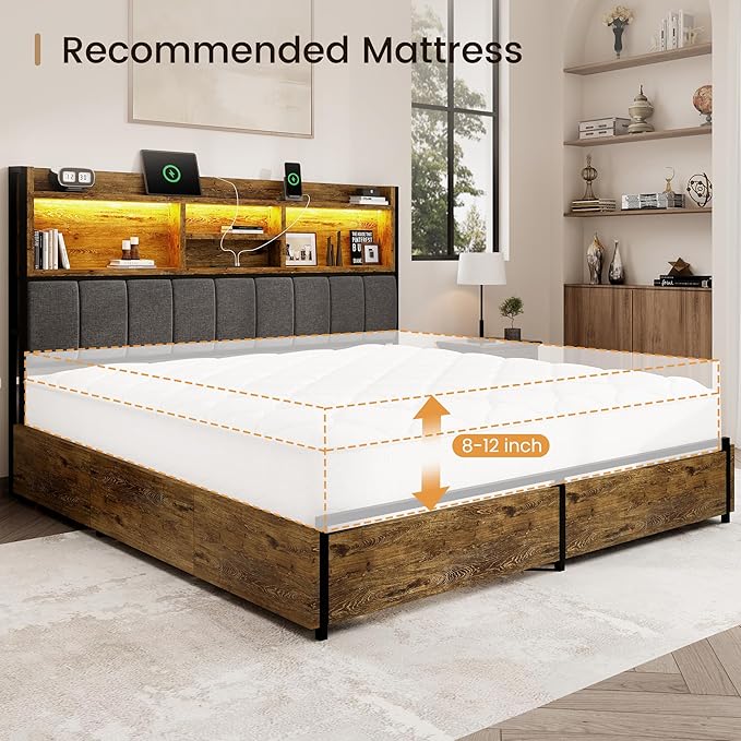 Queen Bed Frame with 6 Storage Drawers, Linen Upholstered Headboard, Built-in USB Charging Station & LED Lighting, Silent Metal Support, No Box Spring Needed, Vintage Brown