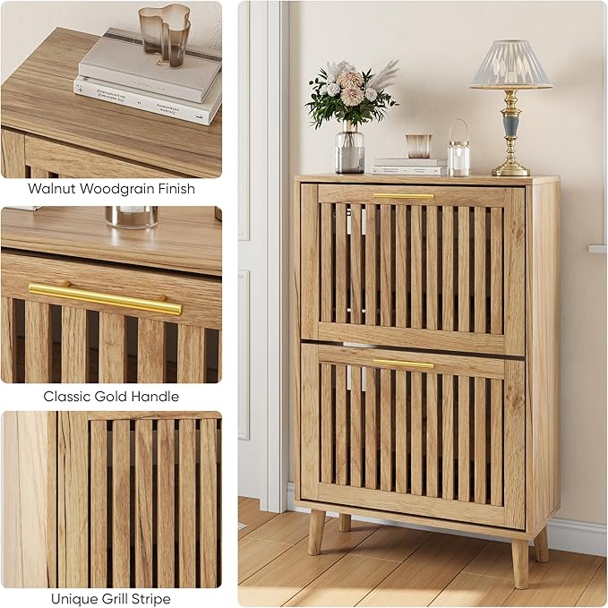 Shoe Cabinet with 2 Flip Slatted Drawers, Farmhouse Slim Shoe Organizer Rack