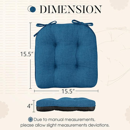 Basic Beyond Chair Cushions for Dining Chairs 4 Pack, Chair Cushion with Ties and Non Slip Backing, 15.5 x 15.5 inches Tufted Chair Pads for Dining Chairs(Turquoise)