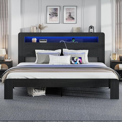 King Size Wooden Bed Frame with Bookcace Storage Headboard, Rustic Farmhouse Bedframe with LED Lights and Charging Station, Sturdy and Stable, Slat Support, No Box Spring Required (Black, King)