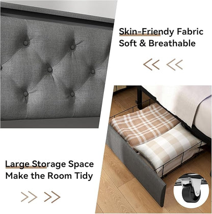 SADENICEL King Size Bed Frame with Storage Headboard, Metal Platform Bed Frame King with 4 Drawer, LED Light, Charging Station, No Box Spring Needed, Noise Free, Easy Assembly, Grey