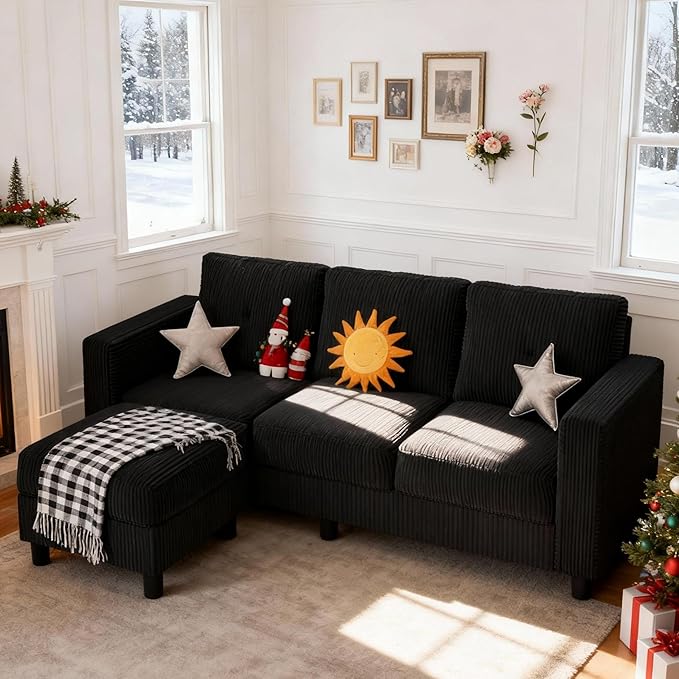 SUNLEI Convertible Sectional Couch Sofa for Small Spaces, L Shaped Modular Sofa with Removable Ottoman Storage, 3 Seat Modern Small Couches for Living Room in Apartment, Black