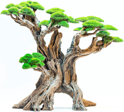 Fish Tank Decor- Bonsai Tree of The Forest with Faux Moss- Aquarium Decoration Aquascaping- Made of Sandstone, 8.8 x 4.3 x 7.8 inches