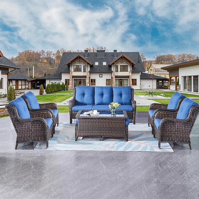 Rilyson Wicker Patio Furniture Chairs Set - 8 Piece Rattan Outdoor Patio Sectional Conversation Sets with 1 Sofa,4 Armrest Chairs,1 Coffee Table and 2 Ottomans for Porch Deck Garden(Brown/Blue)